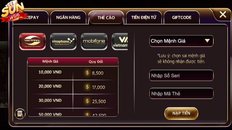 Nạp tiền Sunwin bằng thẻ cào điện thoại